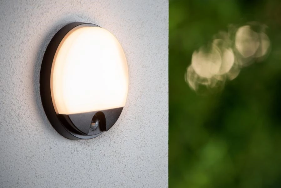 Lucide HUPS IR - Wandlamp Binnen/Buiten - Ø 21 cm - LED - 1x10W 3000K - IP54 - Beweging & dag/nacht sensor - Zwart - sfeer 1